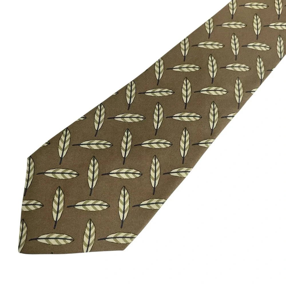 Hermes Men's Tie Feathers Bronze Satin Silk 995 SA France 3.5